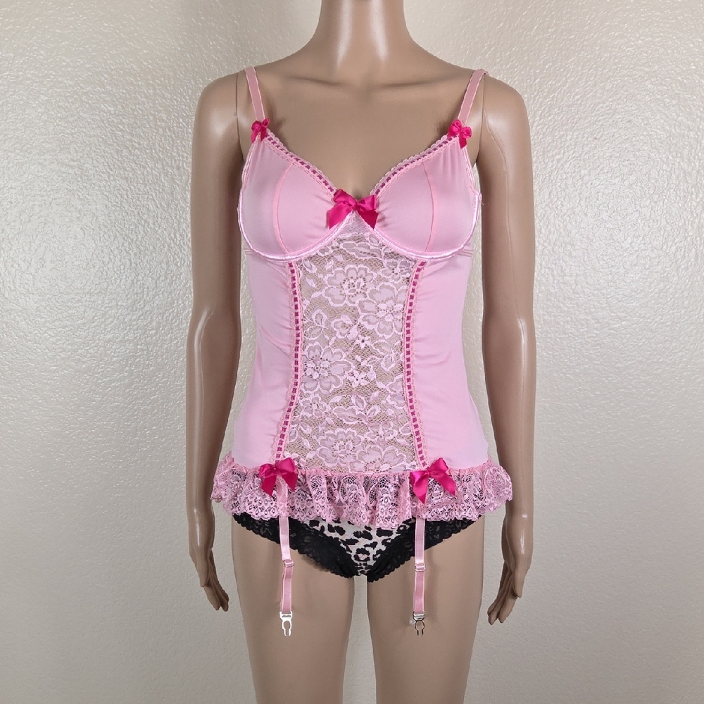Cozyease 2 Toned Pink Lace & Bows Teddy With Garter Straps